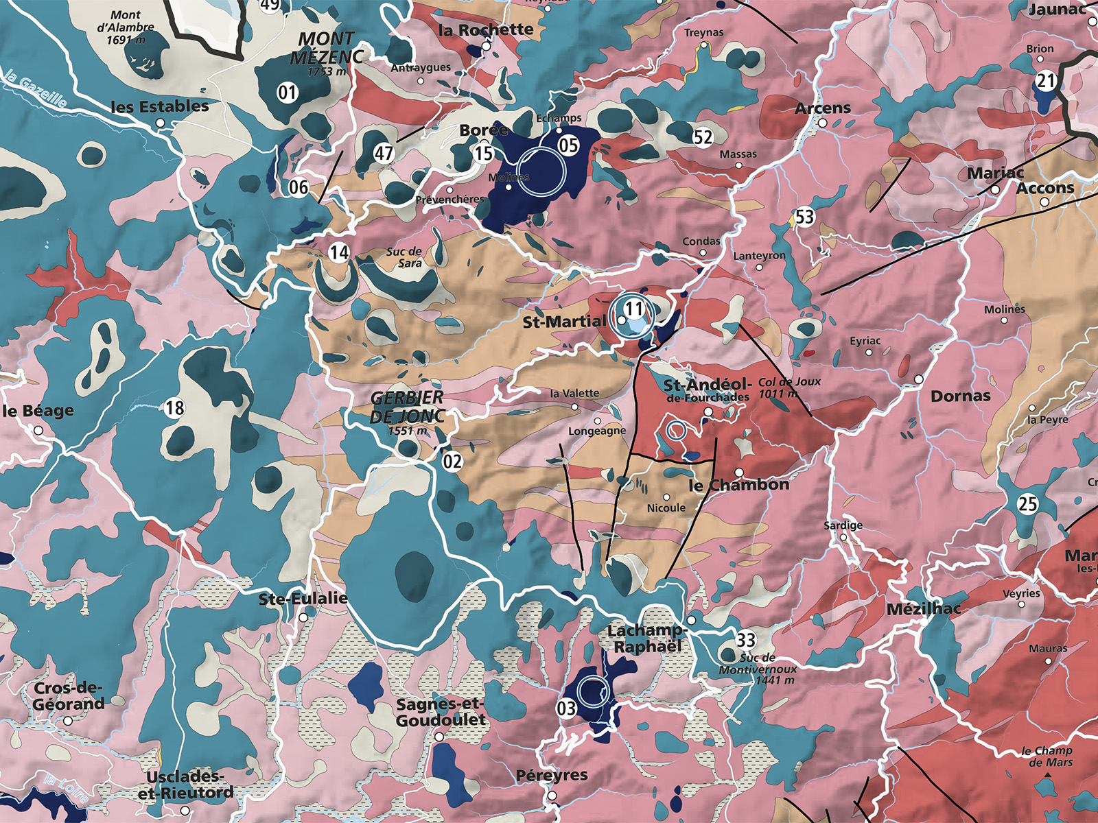 Carte géologique simplifiée des Monts d&rsquo;Ardèche